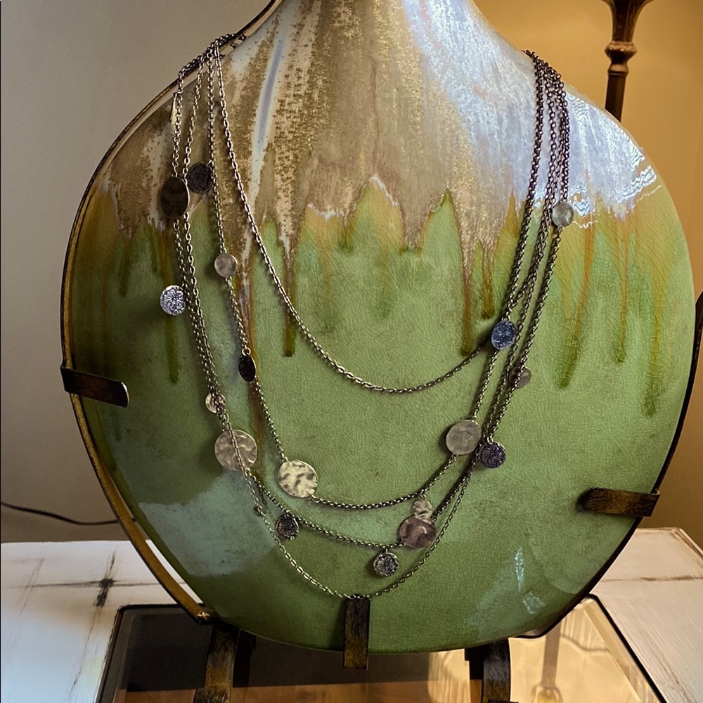 Bronze colored, layered, long disk necklace